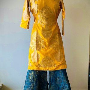 100% Pure Zari Silk Yellow Pck Green Sharara-Kurti